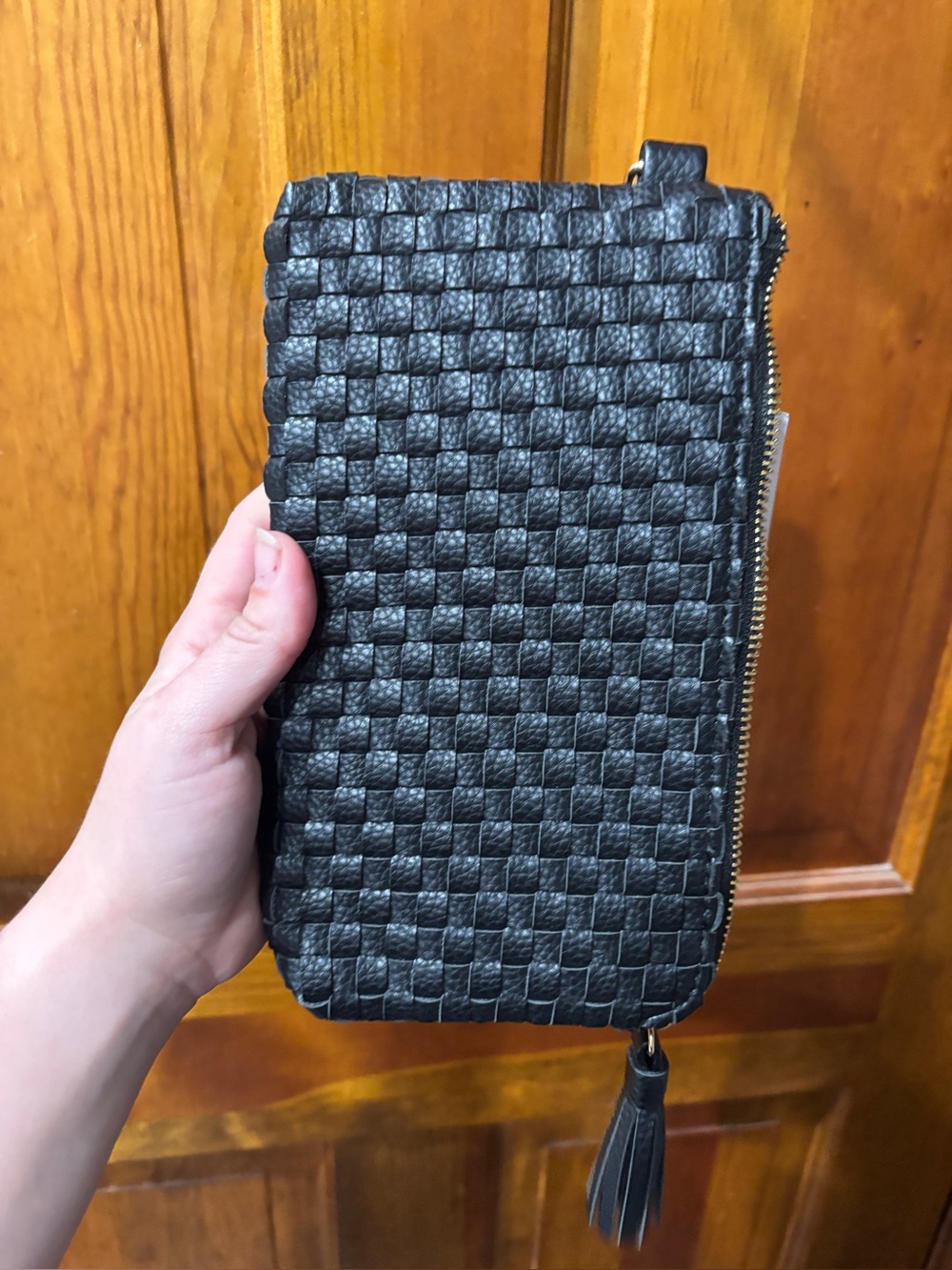 Black Woven Leather Zip Phone Wallet